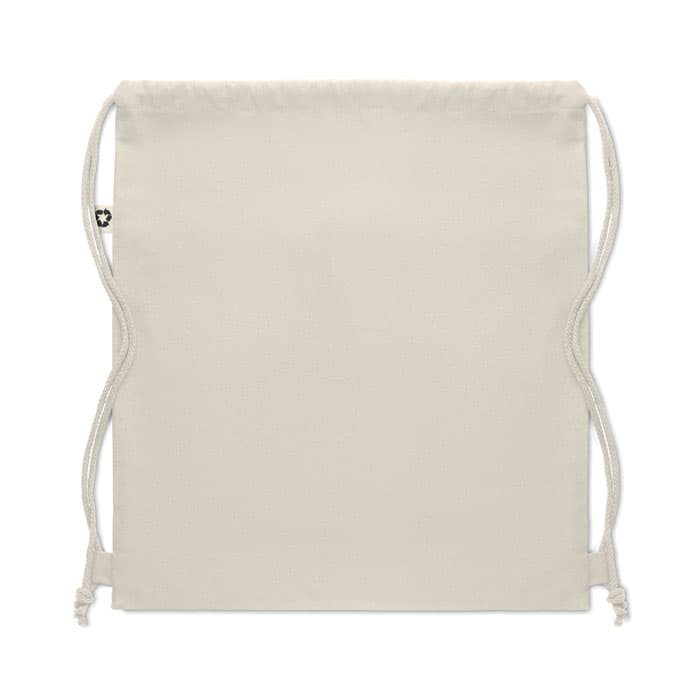 A cream drawstring bag with two cords at the top and a small logo on one side.