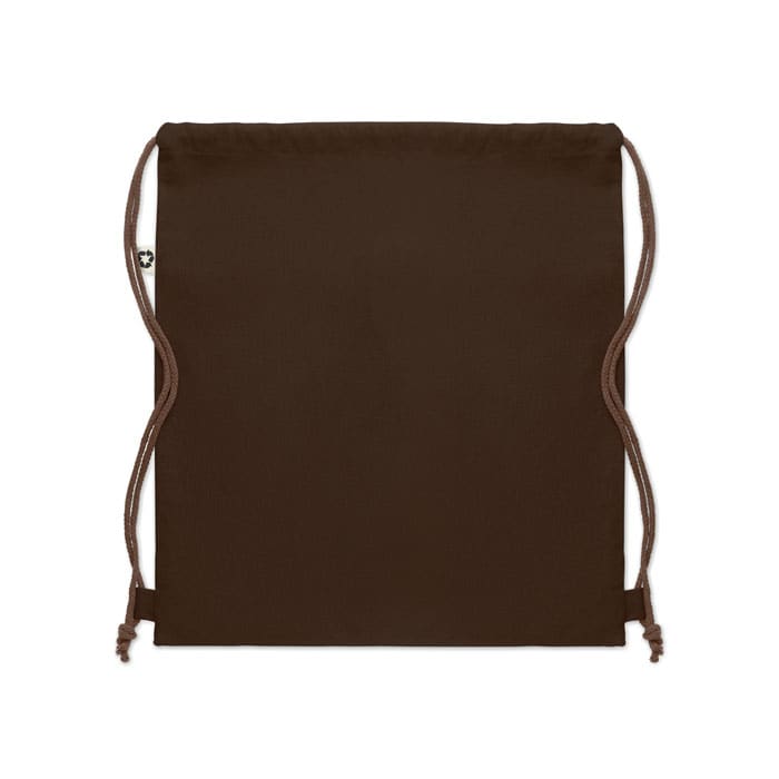 A brown drawstring bag with matching cords, featuring a logo on one side.