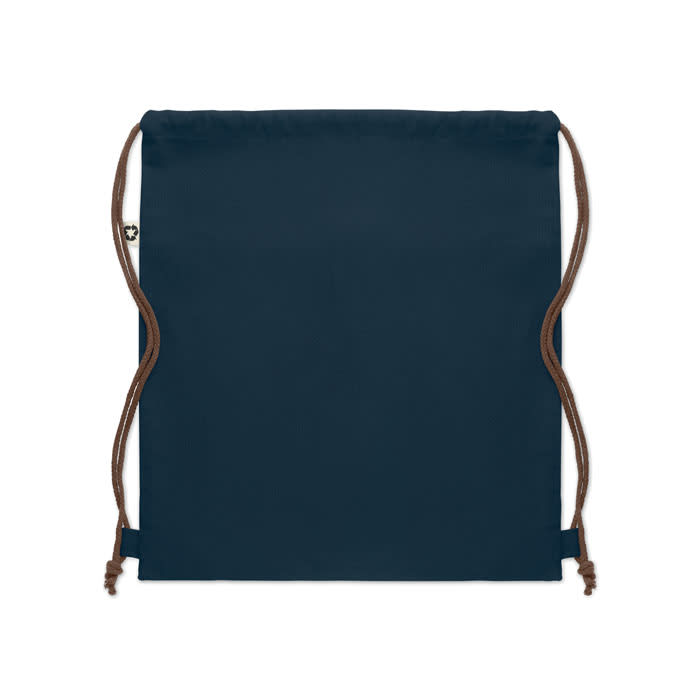 A navy blue drawstring bag with brown cords and a small logo at the side.