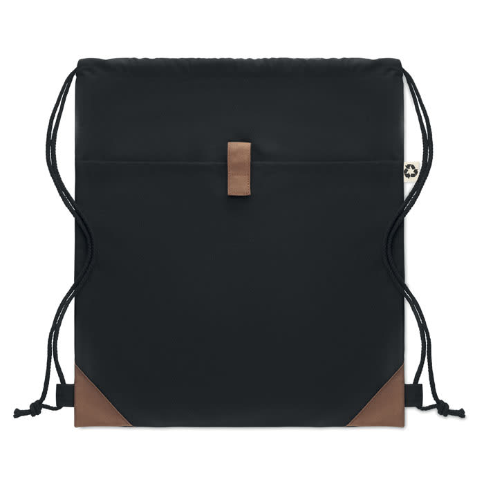 A drawstring bag in black with brown accents and a logo, featuring a simple, minimalistic design.