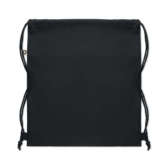 A black drawstring bag with a simple design, featuring two drawstrings and a logo on one side.