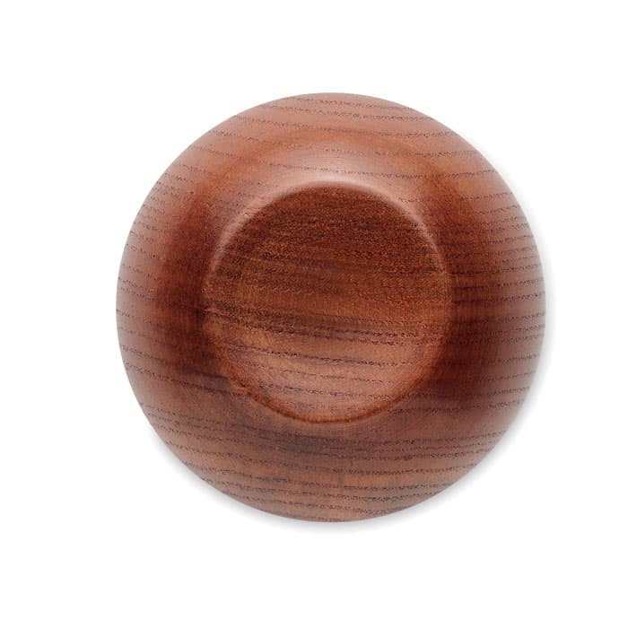 A wooden bowl with a smooth, polished surface in rich brown hues. It features a rounded shape and a subtle logo.