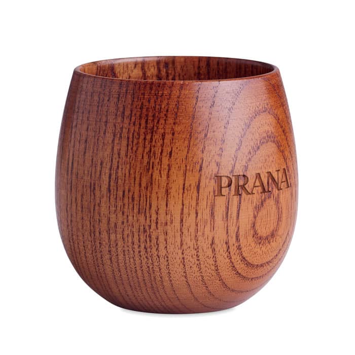 A drink bottle made of wood with a smooth finish and a rounded design, featuring a logo.