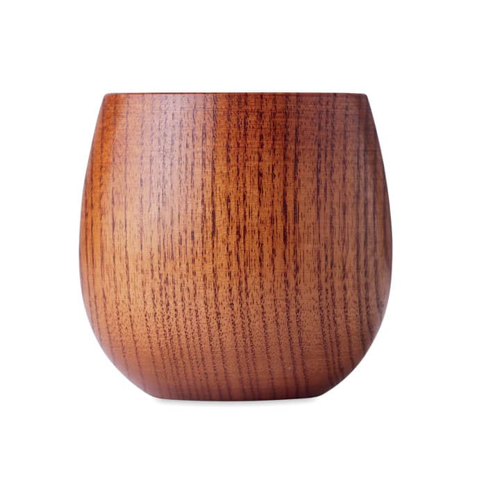A drink bottle with a rounded, wooden grain finish in shades of brown. It features a smooth, polished surface.