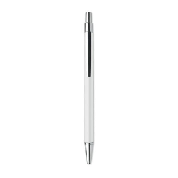 A pen in a sleek white design with chrome accents, featuring a polished finish and a click mechanism.