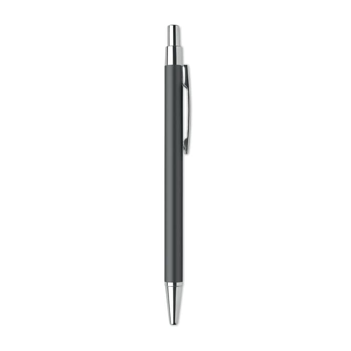 A pen with a sleek grey barrel and silver accents, featuring a clip for easy attachment.