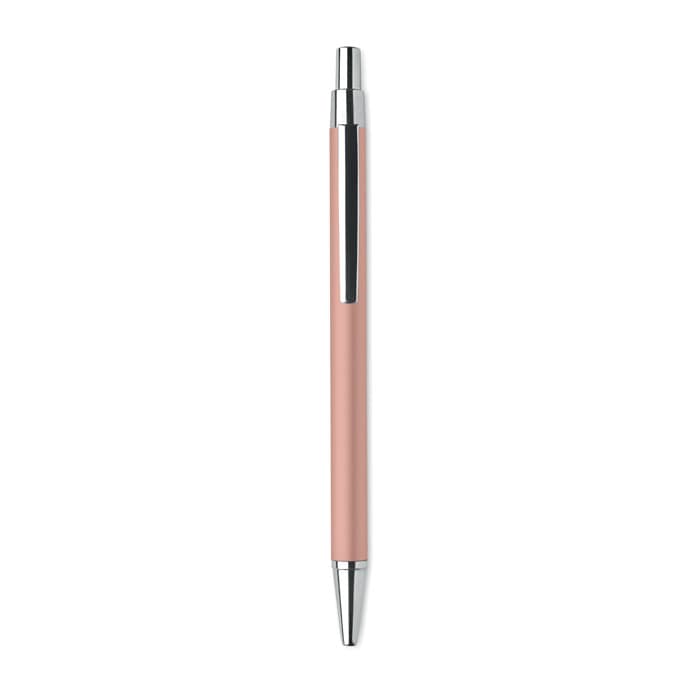 A pink pen with a sleek, shiny silver clip and tip, featuring a minimalist design.