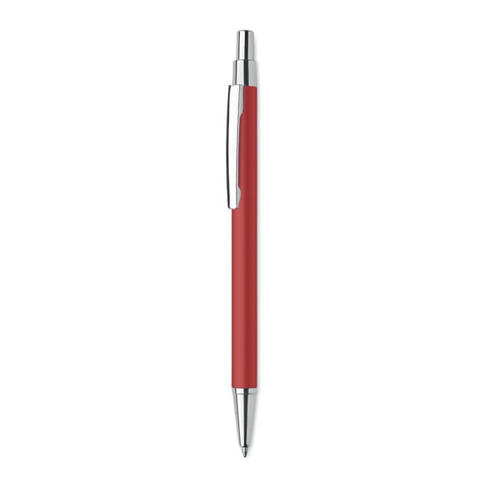 A red pen with a chrome clip and tip, featuring a sleek design and shiny finish.