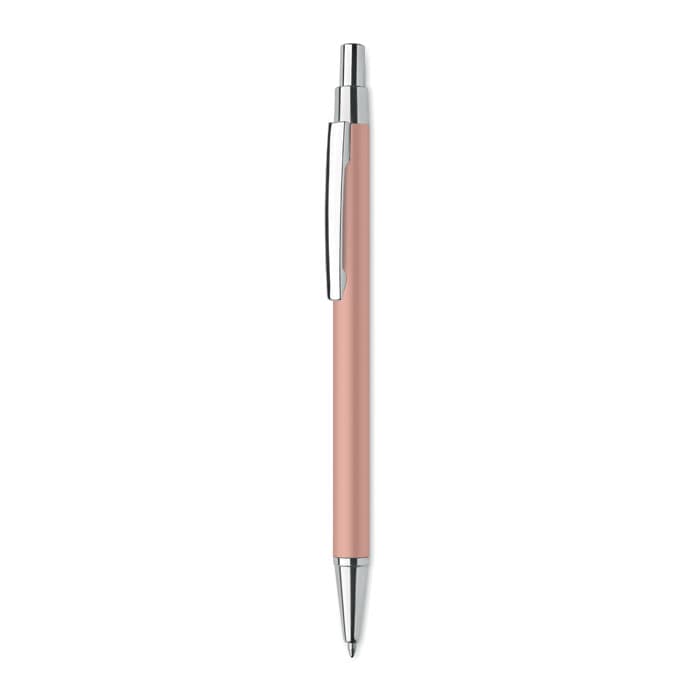 A pen with a pink barrel and silver accents. It features a clip and a retractable design.