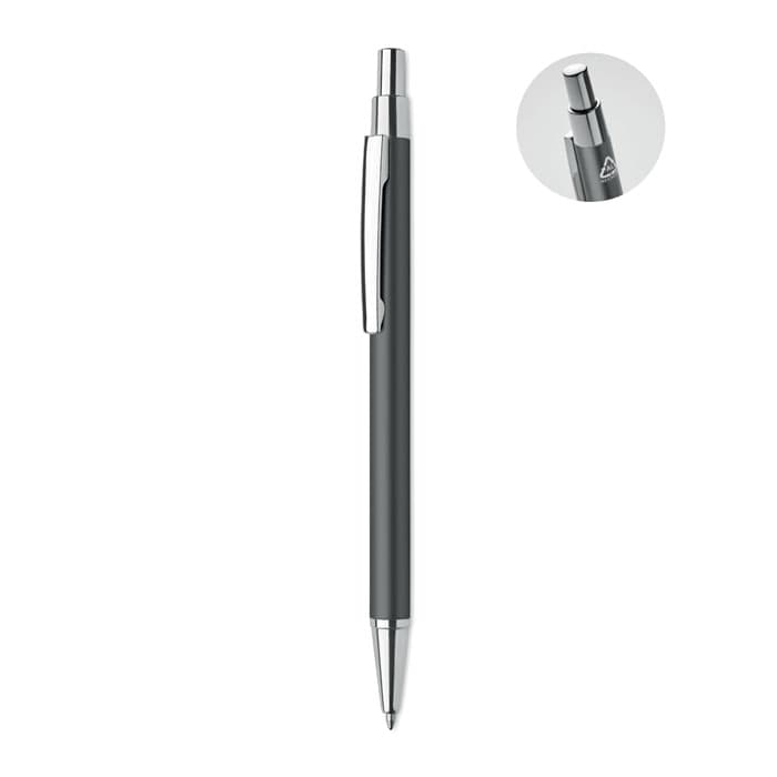 A pen in dark grey with a shiny clip and push mechanism. The design includes a brand logo on the barrel.