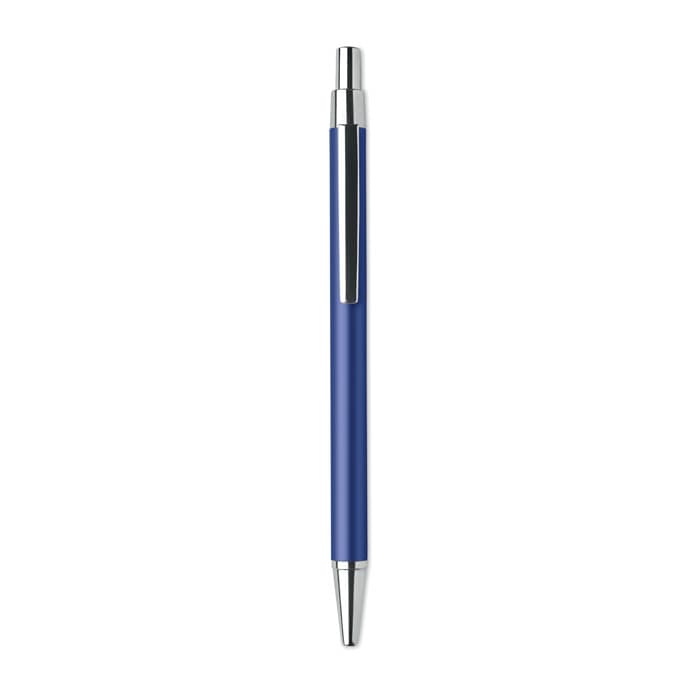 A blue pen with a silver clip and tip, featuring a sleek design and shiny finish.