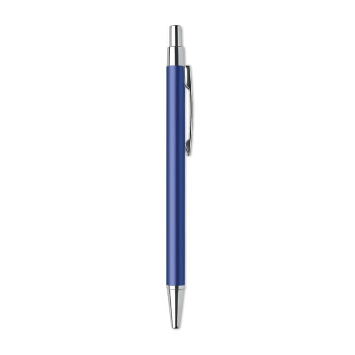 A blue pen with a sleek design and chrome accents. It has a push-button mechanism and a clip for easy attachment.
