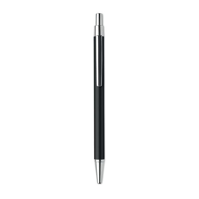 A black pen with a silver accent and a click mechanism, featuring a sleek and modern design.