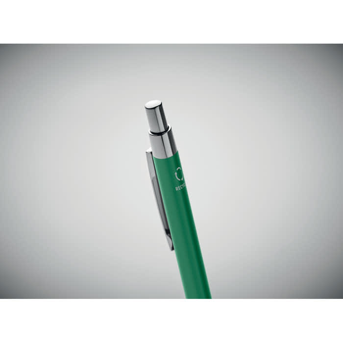 A green pen with a chrome clip and tip, featuring a logo near the top.