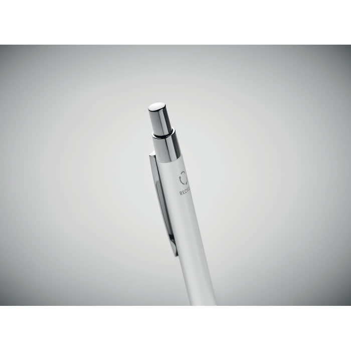 A sleek white pen with a silver clip and push-button mechanism, featuring a logo on the side.