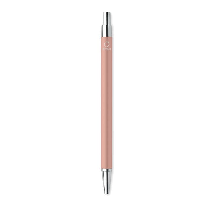 A pen in a soft pink colour with a silver clip and tip, featuring a logo near the top.