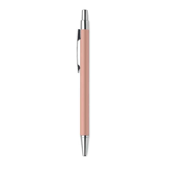 A pen with a sleek, light pink barrel and silver accents, featuring a click mechanism.