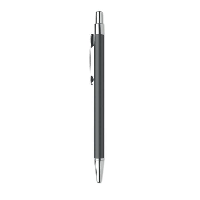 A grey pen with a sleek design and chrome accents, featuring a clip and a shiny tip. It has a logo on the barrel.