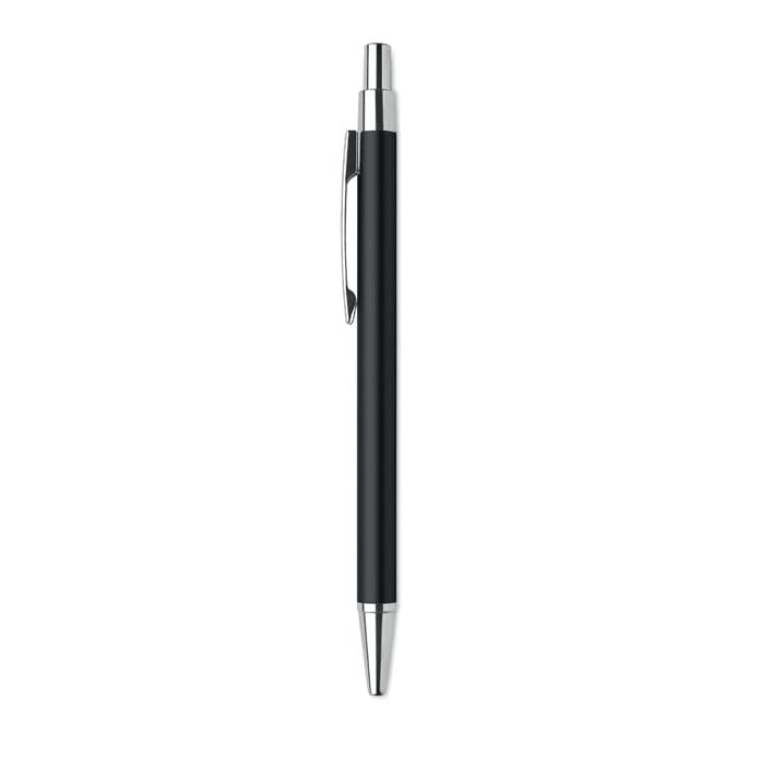 A black pen with a silver clip and tip, featuring a sleek, minimalist design.