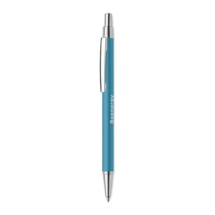 A pen with a blue barrel and silver accents, featuring a logo on the side.