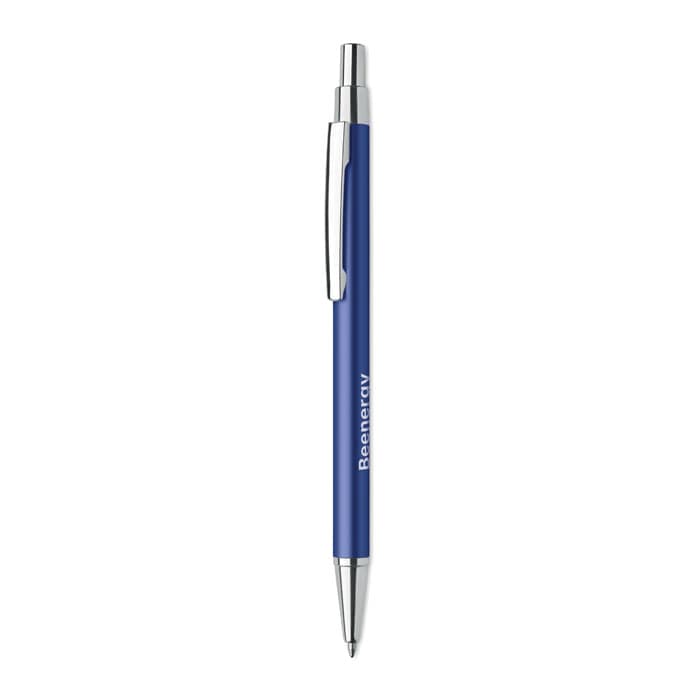 A blue pen with a silver clip and branding on the barrel, featuring a retractable tip.