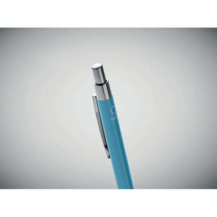 A pen with a light blue barrel and chrome accents, featuring a clip and a logo.