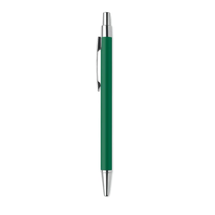 A green pen with a silver clip and tip, featuring a sleek design.