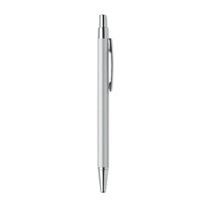 A silver pen with a chrome clip and tip, featuring a sleek and minimalistic design.