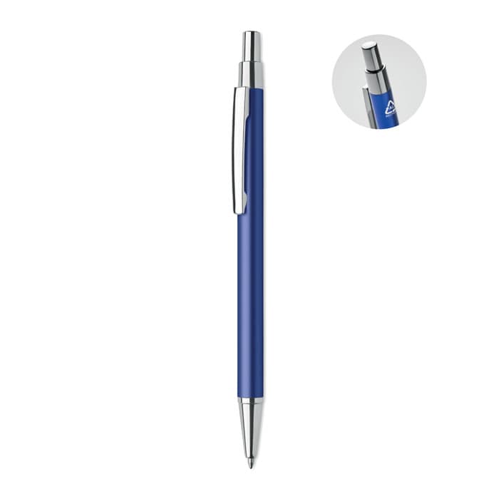 A blue pen with a silver clip and tip, featuring a circular inset showing the pen's top.
