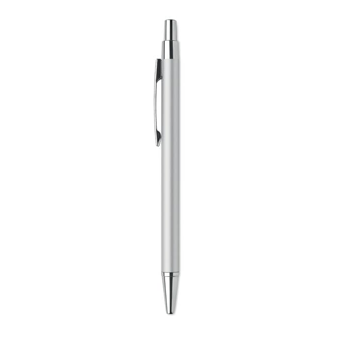 A pen in sleek silver with a chrome clip and tip, featuring a simple, modern design.