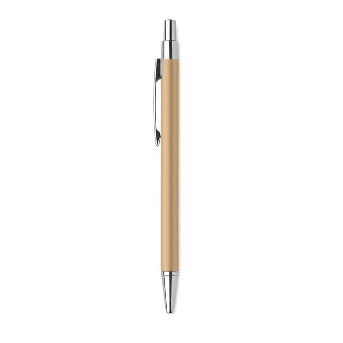 A pen with a beige barrel and silver accents, featuring a clip and a shiny tip.
