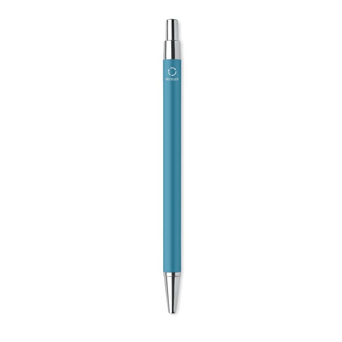 A pen with a sleek design in a light blue colour, featuring a metallic accent and a branding logo.