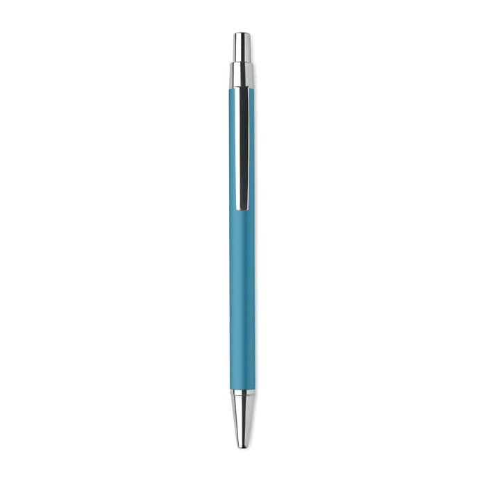 A teal pen with a silver clip and tip, featuring a sleek, minimalist design.