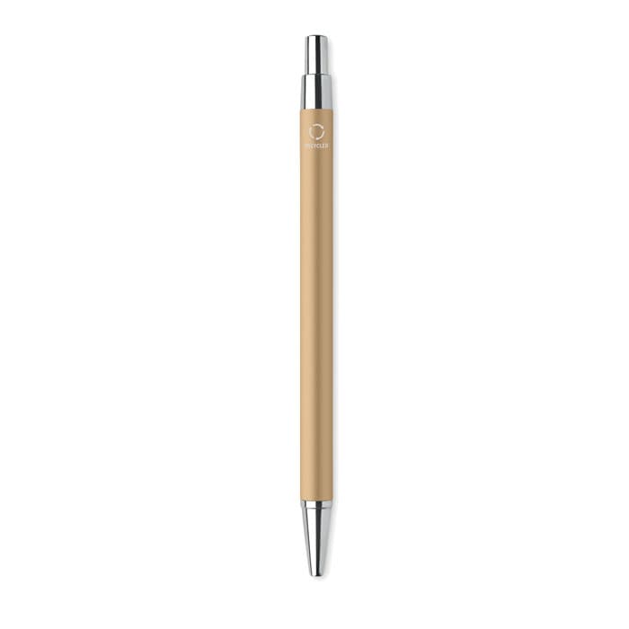 A pen with a beige barrel and silver accents, featuring a simple logo on the side.