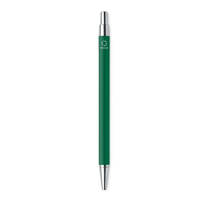 A green pen with a silver clip and tip, featuring a logo on the barrel.