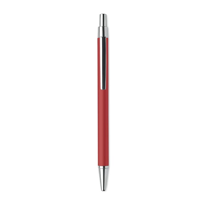 A red pen with a silver clip and tip, featuring a sleek design and a glossy finish.
