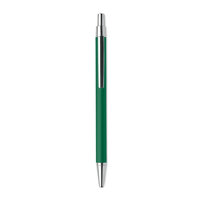 A green pen with a chrome clip and tip, featuring a sleek and minimalist design.