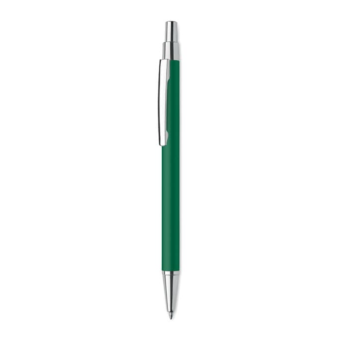 A green pen with a silver clip and tip, featuring a sleek and simple design.