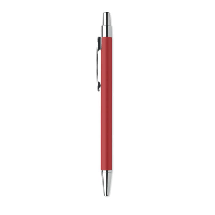 A red pen with a silver clip and tip, featuring a sleek, simple design.