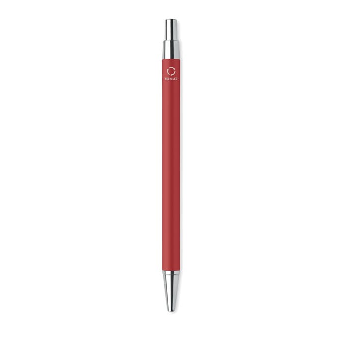 A red pen with a silver tip and clip, featuring a logo on the barrel.