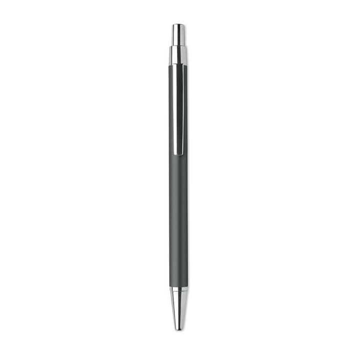 A pen with a sleek black body and silver accents, featuring a clip and a retractable tip.