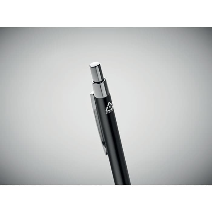 A pen featuring a sleek black design with a chrome clip and a small logo on the barrel.