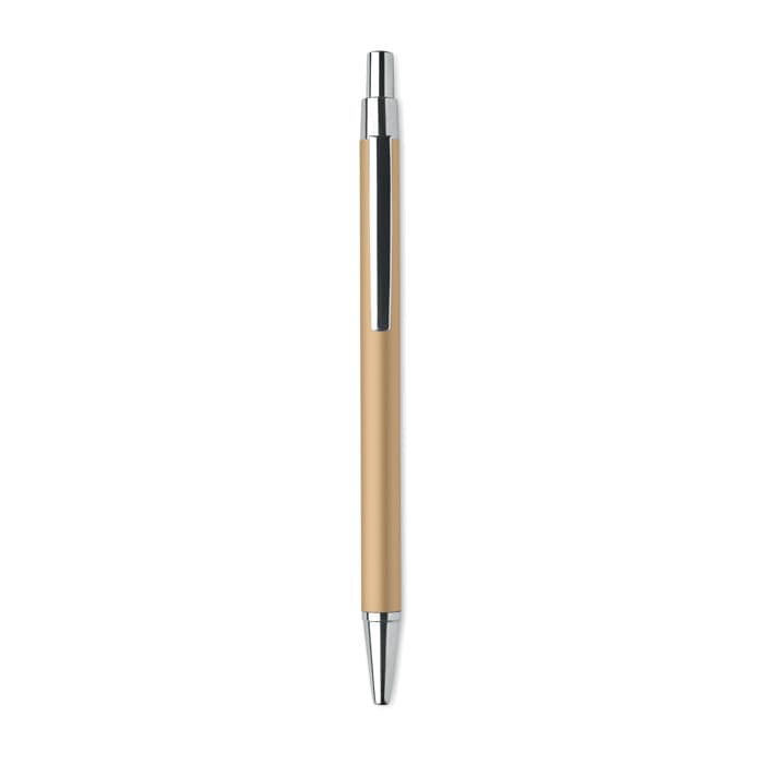A pen with a beige body and chrome details, featuring a smooth sliding mechanism and a clip for easy attachment.