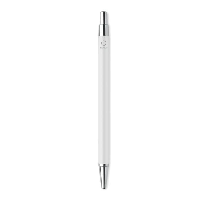 A white pen with a sleek design and chrome accents, featuring a logo on the side.