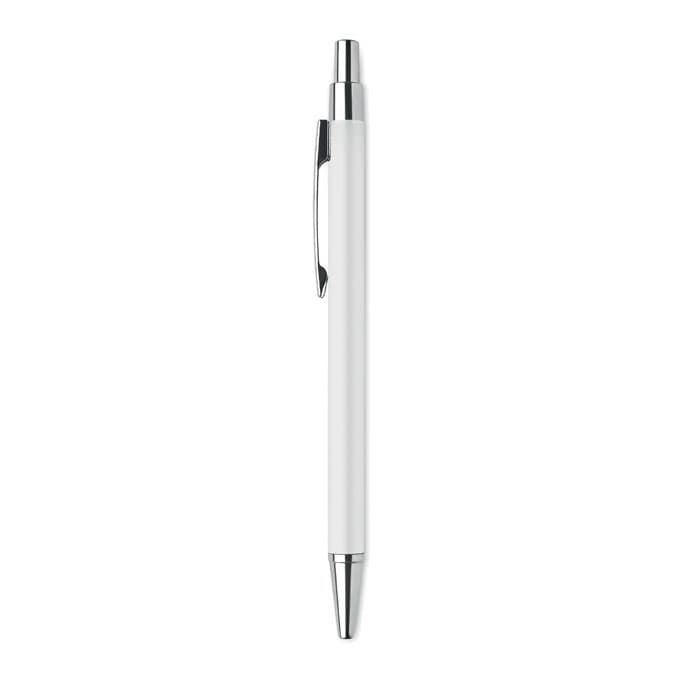 A pen with a white body and chrome accents, featuring a clip and a smooth design.