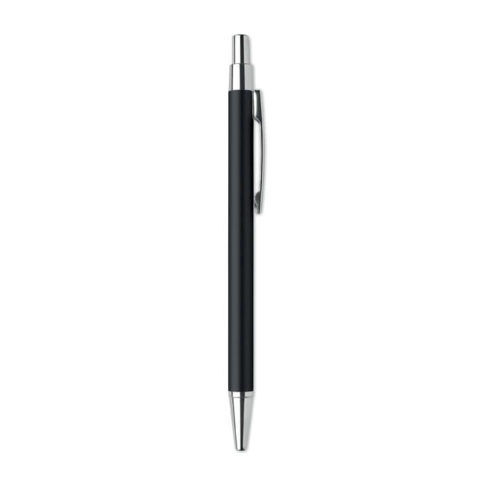 A black pen with a sleek design and a silver clip, featuring a shiny chrome tip.