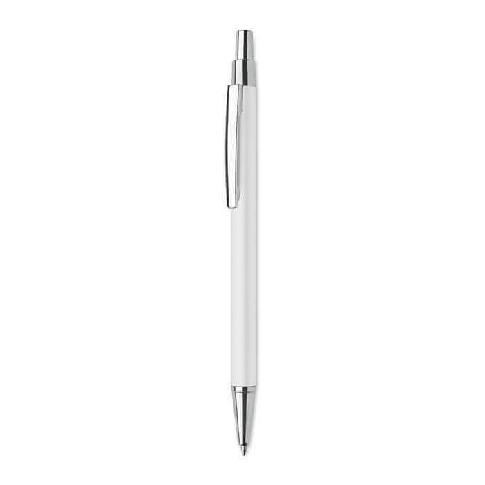 A pen with a white barrel and silver accents, featuring a clip and a retractable tip.