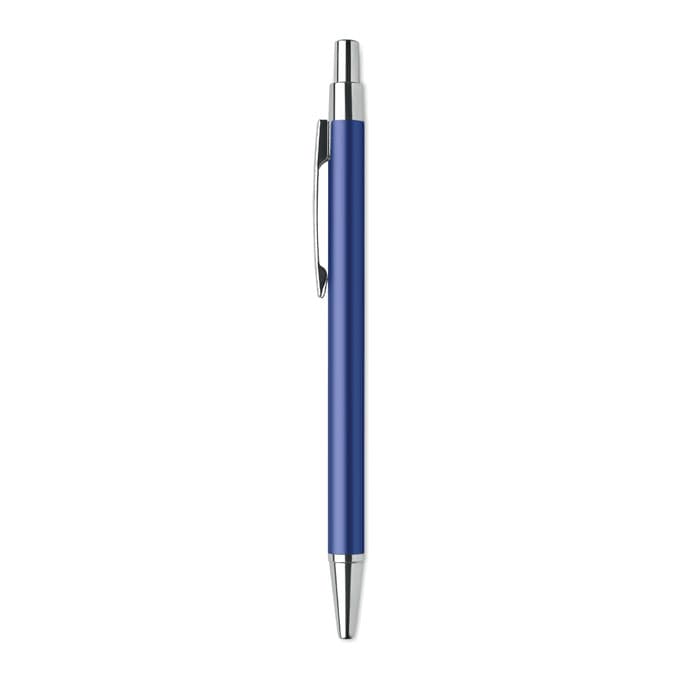 A pen with a blue barrel and silver accents, featuring a clip and a retractable mechanism. It has a logo on the barrel.
