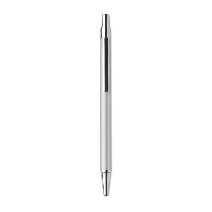 A silver pen with a sleek design and a black clip, featuring a shiny chrome tip.