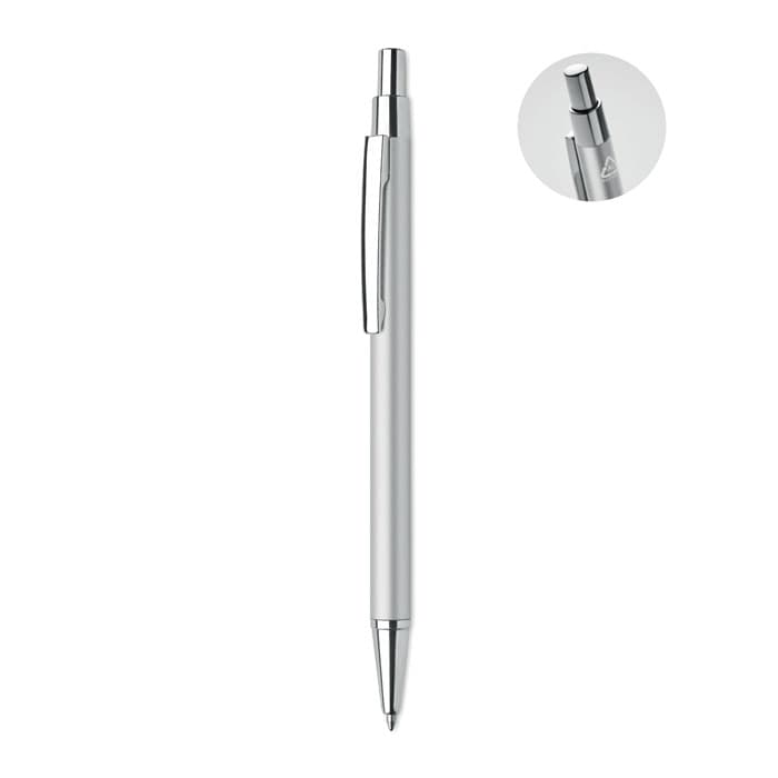 A silver pen with a sleek design and a clickable top, featuring a metal clip and a round nib.